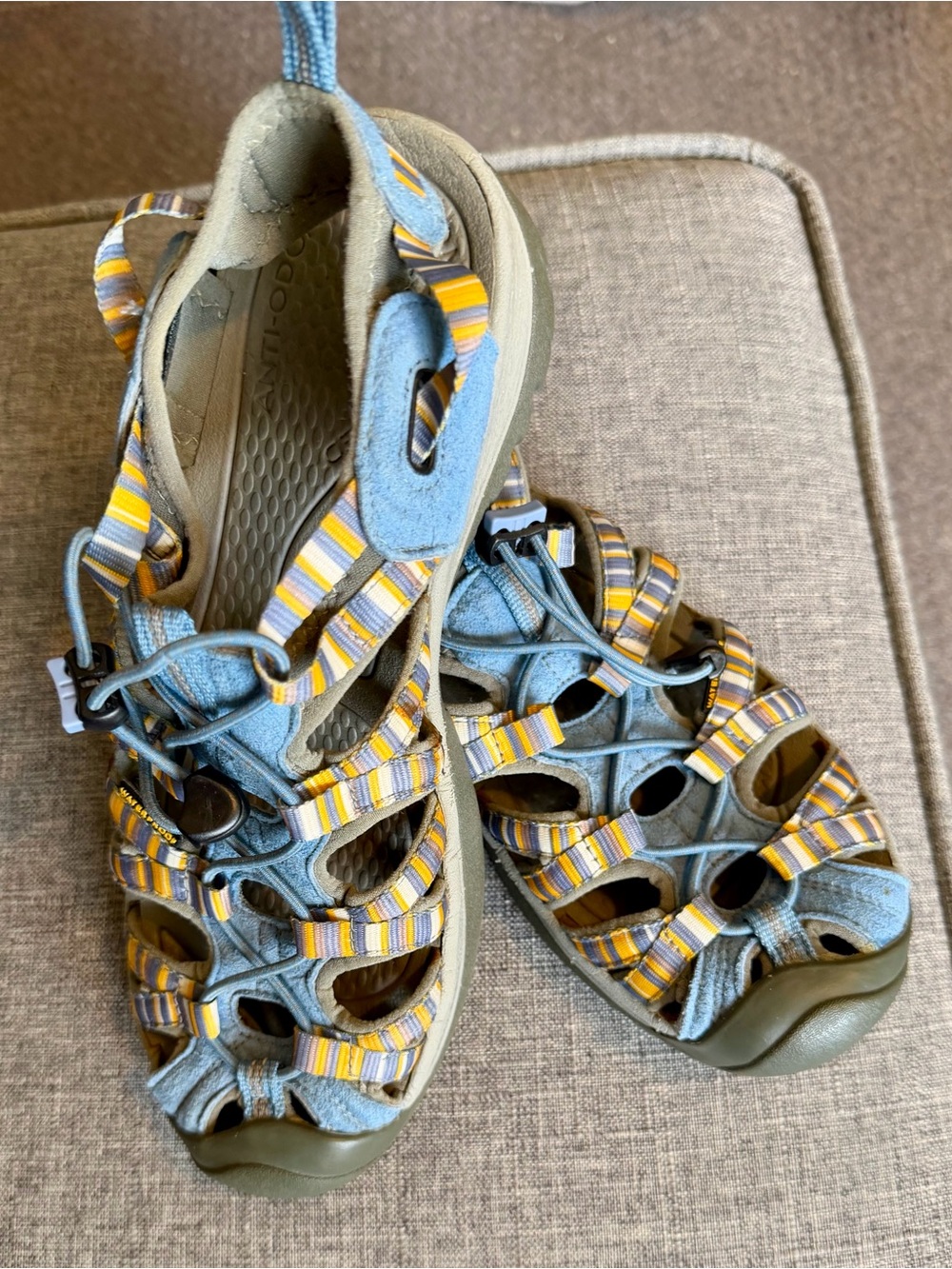 Keen Closed-Toe Sandals w/ Blue/ Yellow stripes. W 40 (US 9) Unique pattern $20